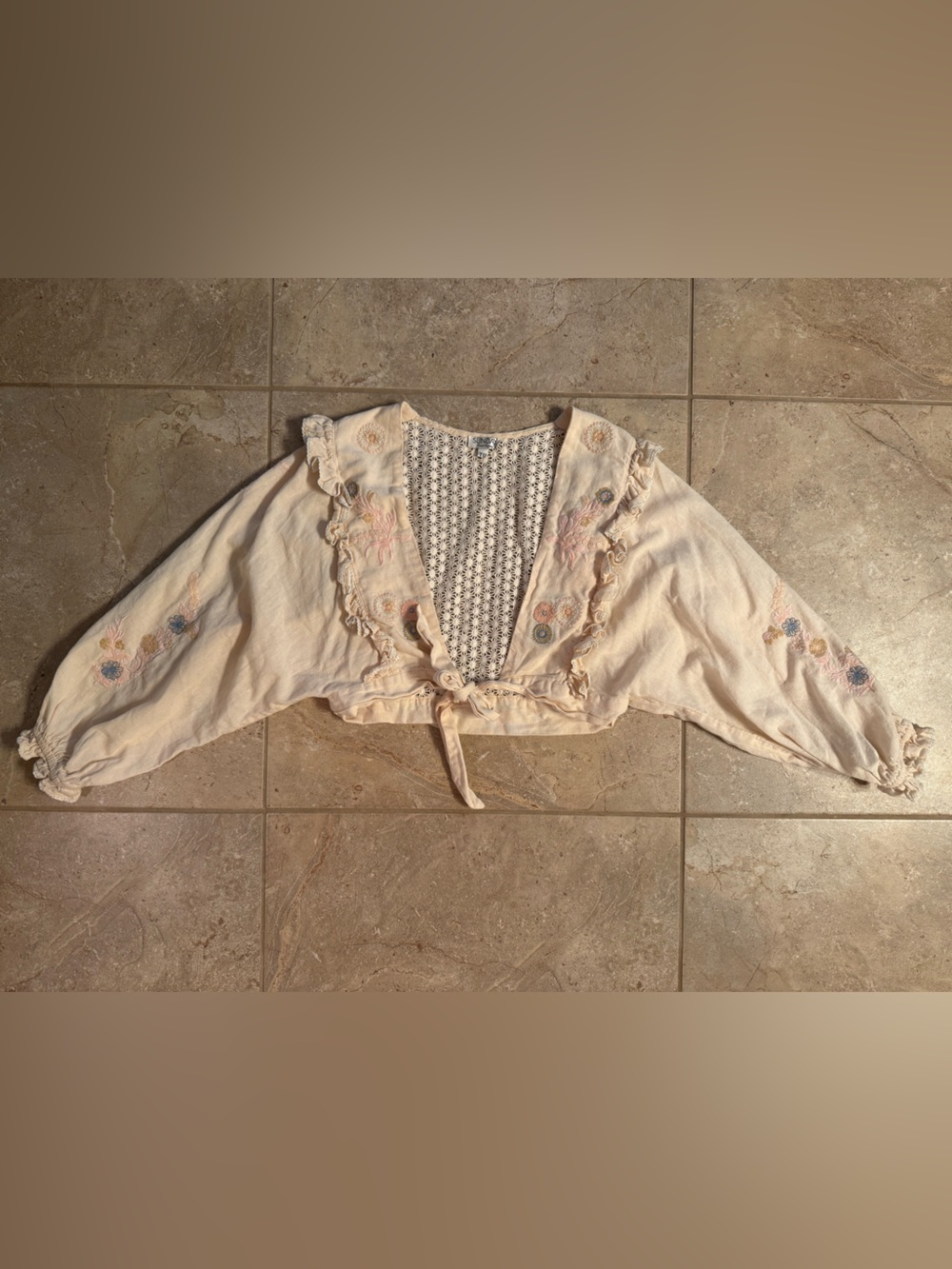 SUNDAY Saint-Tropez Linen/Cotton Crochet Lace Floral Embroidered Tie-Front Top